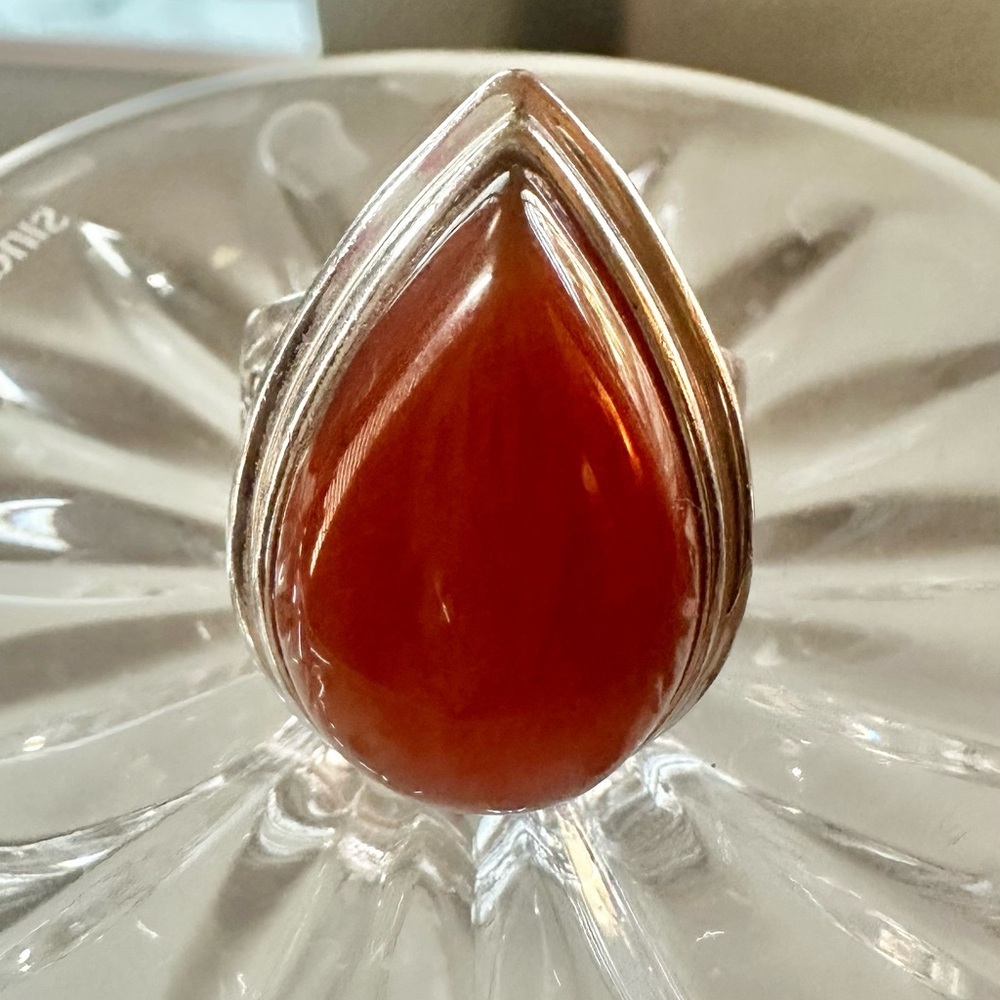 925 Vintage Silver and Red  Carnelian Teardrop Ring